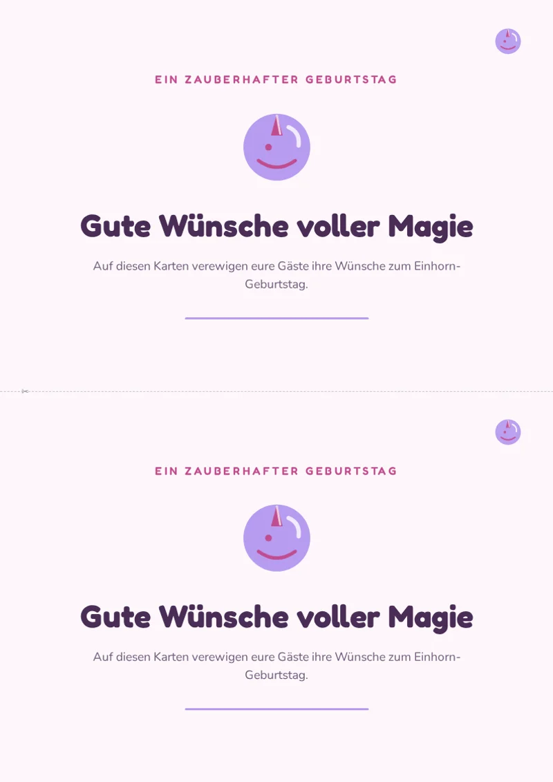 Vorderseite: Einhorn Gästebuchkarten zum Ausdrucken